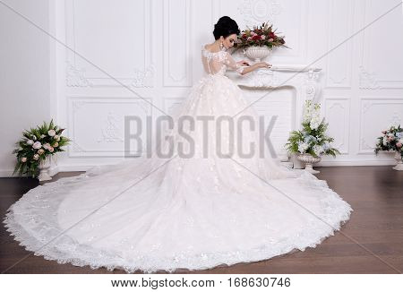 Gorgeous Bride With Dark Hair In Luxuious Wedding Dress