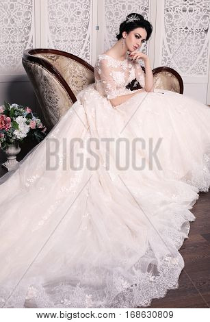 Gorgeous Bride With Dark Hair In Luxuious Wedding Dress