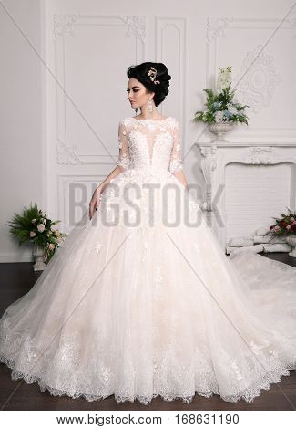Gorgeous Bride With Dark Hair In Luxuious Wedding Dress