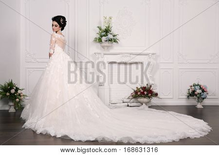 Gorgeous Bride With Dark Hair In Luxuious Wedding Dress