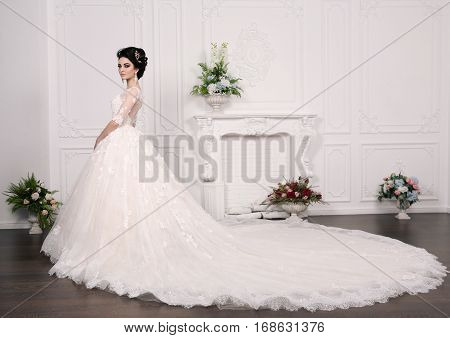 Gorgeous Bride With Dark Hair In Luxuious Wedding Dress