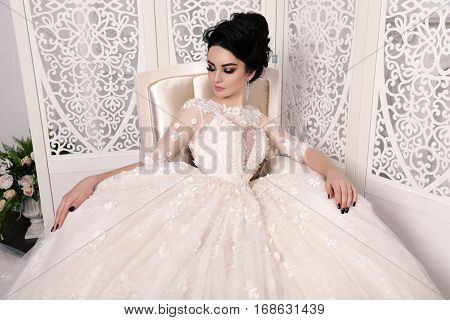 Gorgeous Bride With Dark Hair In Luxuious Wedding Dress