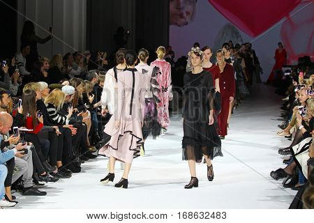 KYIV, UKRAINE - OCTOBER 13, 2016: Models walk the runway at Yana Chervinska collection show during the 39th Ukrainian Fashion Week at Mystetsky Arsenal in Kyiv