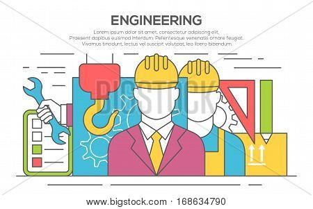 Engineer construction industrial factory manufacturing workers flat banner. Engineer concept design. Civil engineer and construction worker. Illustration of engineering, thin line, flat design