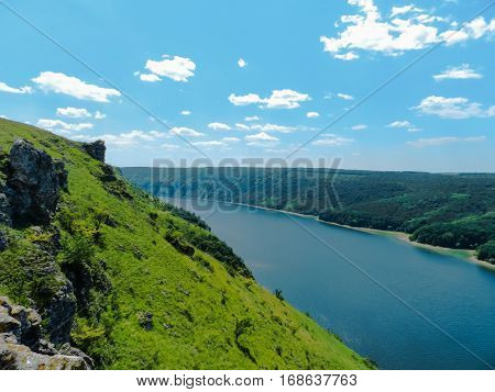Wide river canyon with high green hills