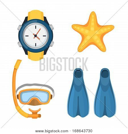 Snorkeling or scuba fins or flippers isolated on white. Underwater swimming deep professional shoe exercise. Water sport footwear equipment vector clock and starfish.