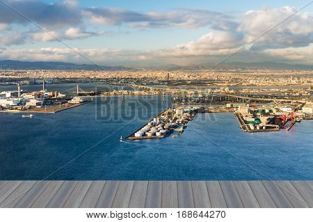 Opening wooden floor Osaka bay city downtown topview from Cosmo building Japan
