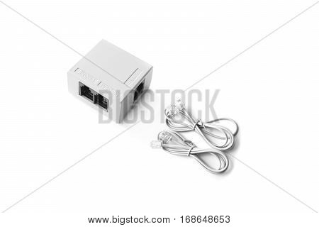 Closed up telephone line splitter with RJ-11 telephone cable