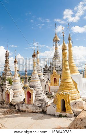A site on a hill in the village of Thaung Tho in the Shan state of Burma on the Inle Lake filled with many stupas