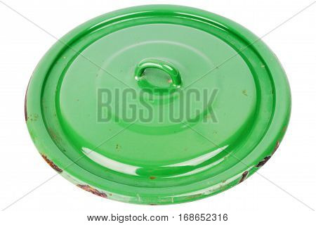 Old grungy green cooking pot lid isolated on white background