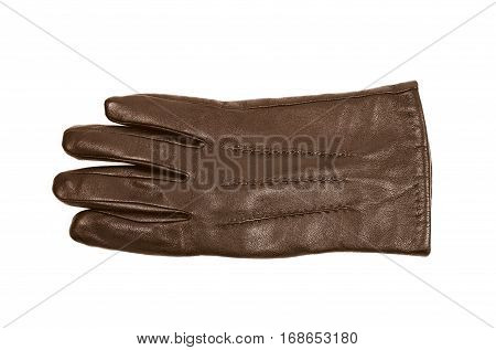 Sinlge brown leather glove isolated over the white background