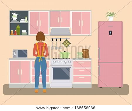 Kitchen in a pink color. There is a woman near the stove prepares food. There is a refrigerator, a kitchen furniture, a microwave and other objects in the picture. Vector flat illustration