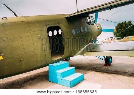 Old Soviet Plane Paradropper Aircraft. Outdoor. Nobody