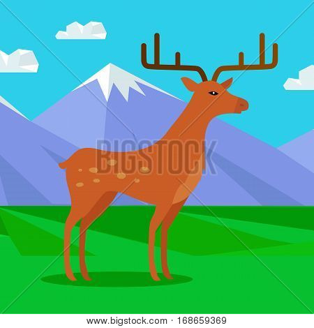 Young fallow deer male with horns on mountain meadow with snowy mountains behind. Flat style vector. North nature beauty. For travel, nature concept, children s book illustrating, printing material