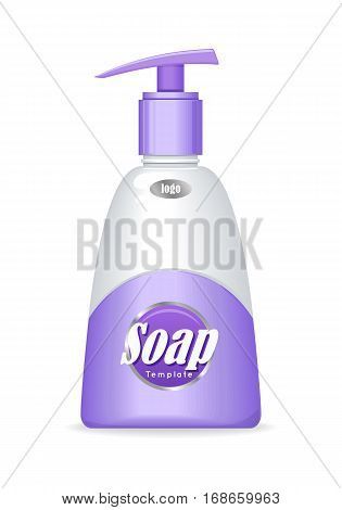Purple soap bottle with spreader isolated. Cosmetic product flasks with logo or symbol on the nameplate. Reservoir with label. Part of series of decorative cosmetics items. Vector illustration