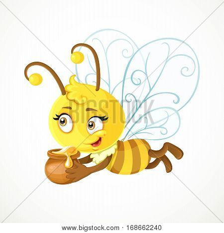 Cute Bee Flies With Clay Pot Full Of Honey Isolated On A White Background