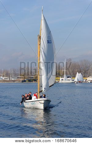 VARNA, BULGARIA - MARCH 03, 2014: Crew taking part in the national sailing boat race 