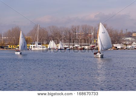 VARNA, BULGARIA - MARCH 03, 2014: Crew taking part in the national sailing boat race 