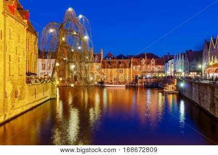 City Canal in medieval Bruges at night. Belgium. Flanders.