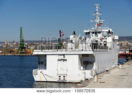 VARNA, BULGARIA - MARCH 30, 2014: The French Navy diving support ship A645 Alize at the Varna Passenger Terminal. Bulgarian and French military divers conducted a combined training in the Varna gulf.