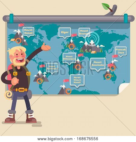 Mountaineer show a map.Snow mountain.Map. Vector Illustration