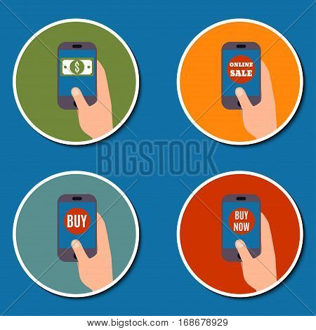 Smartphone views online sale dollar and button buy. Vector illustration.