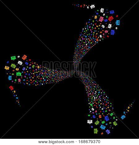 Analysis fireworks swirl rotation. Vector illustration style is flat bright multicolored iconic symbols on a black background. Object whirlpool created from random design elements.