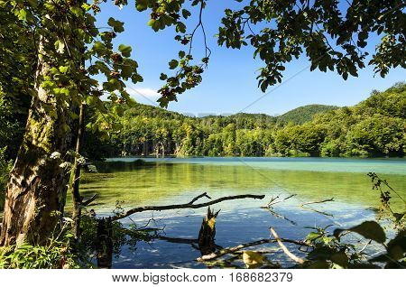 landscape of plitvicka lake national park at sunset unesco heritage site plitvice croatia.