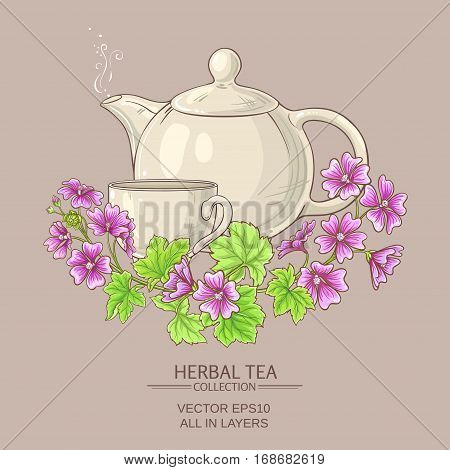 Cup of malva tea with teapot on color background