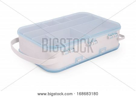 White plastic box for fishing tackle on an isolated white background. Clipping path