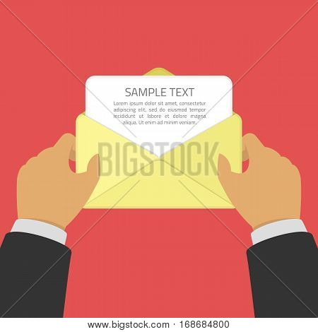 Businessman opening an envelope with letter. Hand pulls from Envelope a sheet of paper with sample text. Mail, message concept. Sending notification or invitation. Vector illustration in flat style.