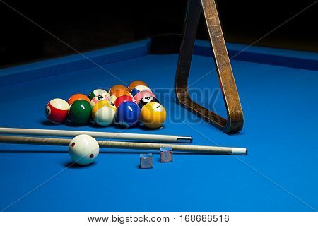 Photo Fragment Of The Blue Pool Billiard Game With Cue. Pool Billiard Game. Billiard Sport Concept.p