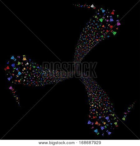 Chemistry fireworks swirl rotation. Vector illustration style is flat bright multicolored iconic symbols on a black background. Object whirl combined from random pictograms.