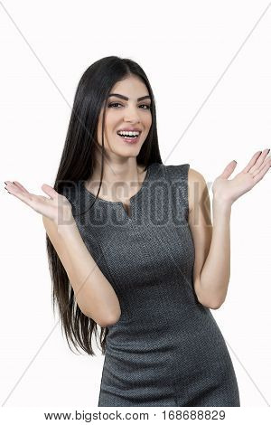 Female business woman smiling and with her hands open.