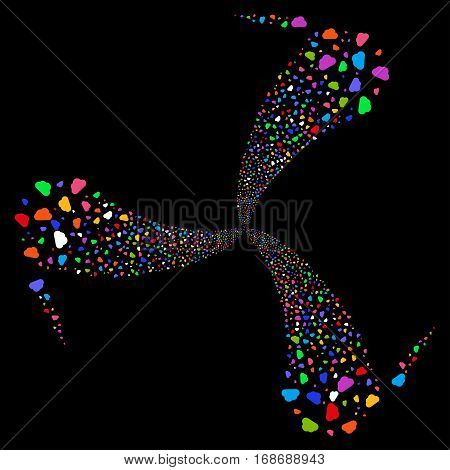 Cloud fireworks swirl rotation. Vector illustration style is flat bright multicolored iconic symbols on a black background. Object whirl combined from random pictograms.