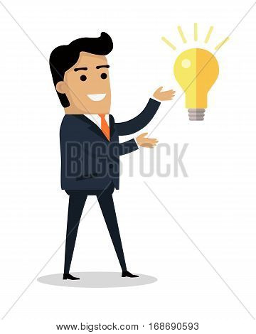 Man with bulb lamp isolated. Happy boy finds solution for problem. Successful idea banner. Satisfied male with results brainstorm isolated on white. Handsome man solved trouble. Vector illustration