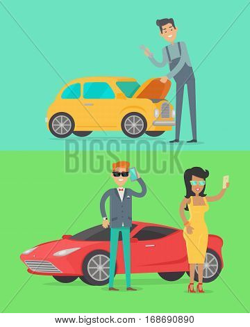 Man repair car. Rich people near luxury red coupe car. Car service illustration in flat style design. Auto mechanic, business man and woman. Car service. Repair car test. Machinery engineer. Vector