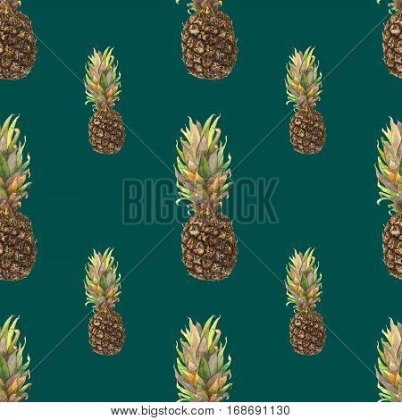 Pineapple ananas with colorful leaves on dark green background. Seamless watercolor pattern. Could be used for textile or in design