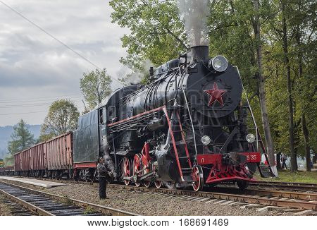 Yasinya Ukraine - August 29 2016: Old Soviet locomotive at the station Yassin Lviv railway