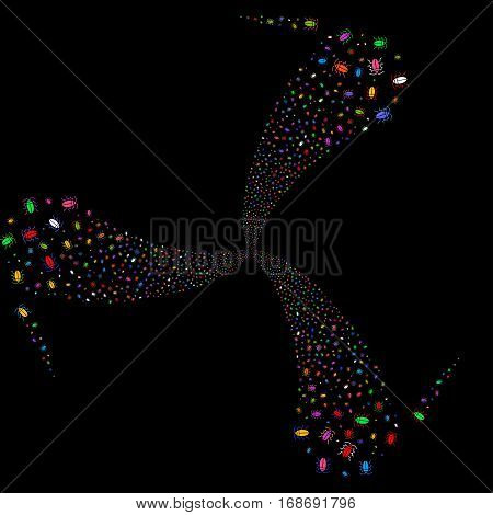 Cucaracha fireworks swirl rotation. Vector illustration style is flat bright multicolored iconic symbols on a black background. Object whirl done from random pictographs.