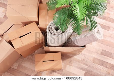 Pile of boxes for moving in office