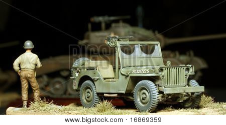 WWII scene os soldat med bil - mærkning på bilen er fiktive - plastik kit 1:48 skala hjemmelavet arbejde