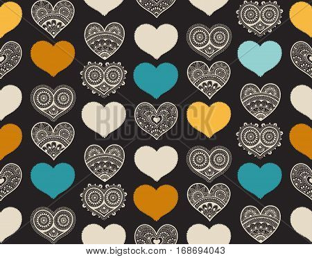 Valentine's seamless pattern with lace hearts. Mehndi style. You can use it for packaging design, textile design and scrapbooking.