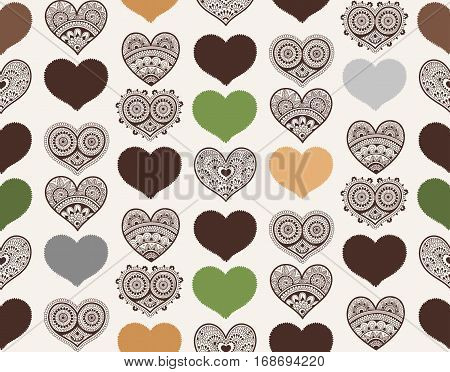 Valentine's seamless pattern with lace hearts. Mehndi style. You can use it for packaging design, textile design and scrapbooking.