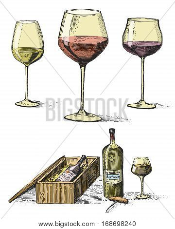 Wine bottle in box with corkscrew and tree goblets or glasses hand drawn engraved old looking vintage illustration in scratchboard tatoo style