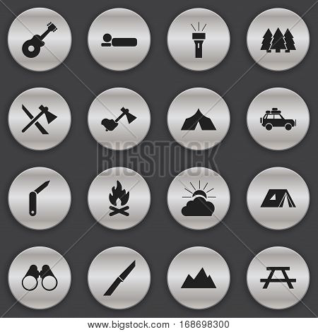 Set Of 16 Editable Trip Icons. Includes Symbols Such As Desk, Fever, Musical Instrument And More. Can Be Used For Web, Mobile, UI And Infographic Design.