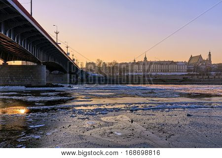 Warsaw the view of the river from flowing frazil ice