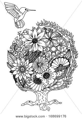 Colibri. Flowers. Vector illustration. Doodle drawing. Meditative exercise. Coloring book anti stress for adults. 
