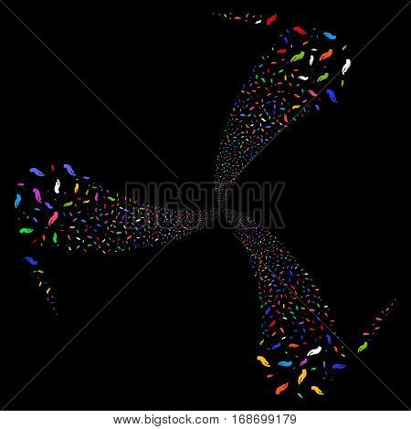 Hand fireworks swirl rotation. Vector illustration style is flat bright multicolored iconic symbols on a black background. Object whirl combined from random pictograms.