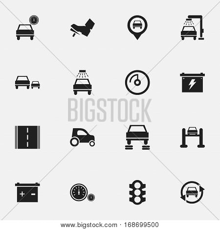 Set Of 16 Editable Car Icons. Includes Symbols Such As Speed Display, Tuning Auto, Race And More. Can Be Used For Web, Mobile, UI And Infographic Design.